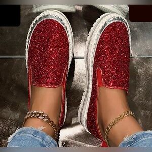 Red Glitter Slip-On Women's Shoes